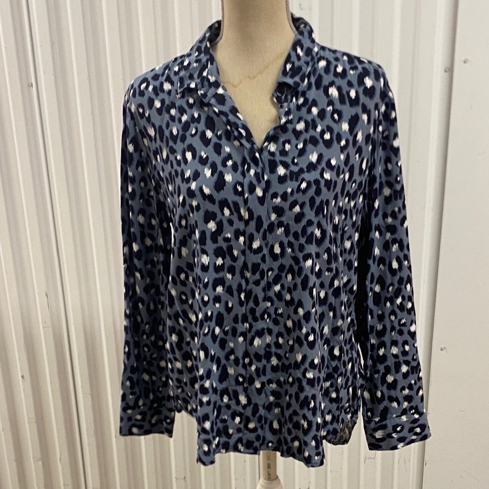 Button-Front Navy Leopard Print Blouse